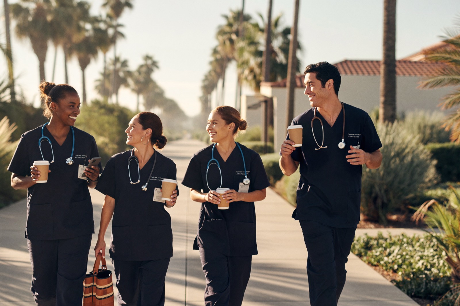 A cheerful team of TruLife clinicians walking together along a sunny palm-lined path