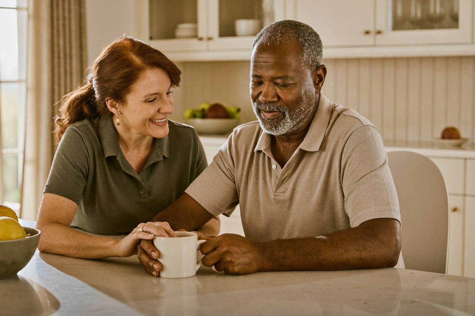 An occupational therapist helping a senior man practice gripping a mug at his kitchen table
