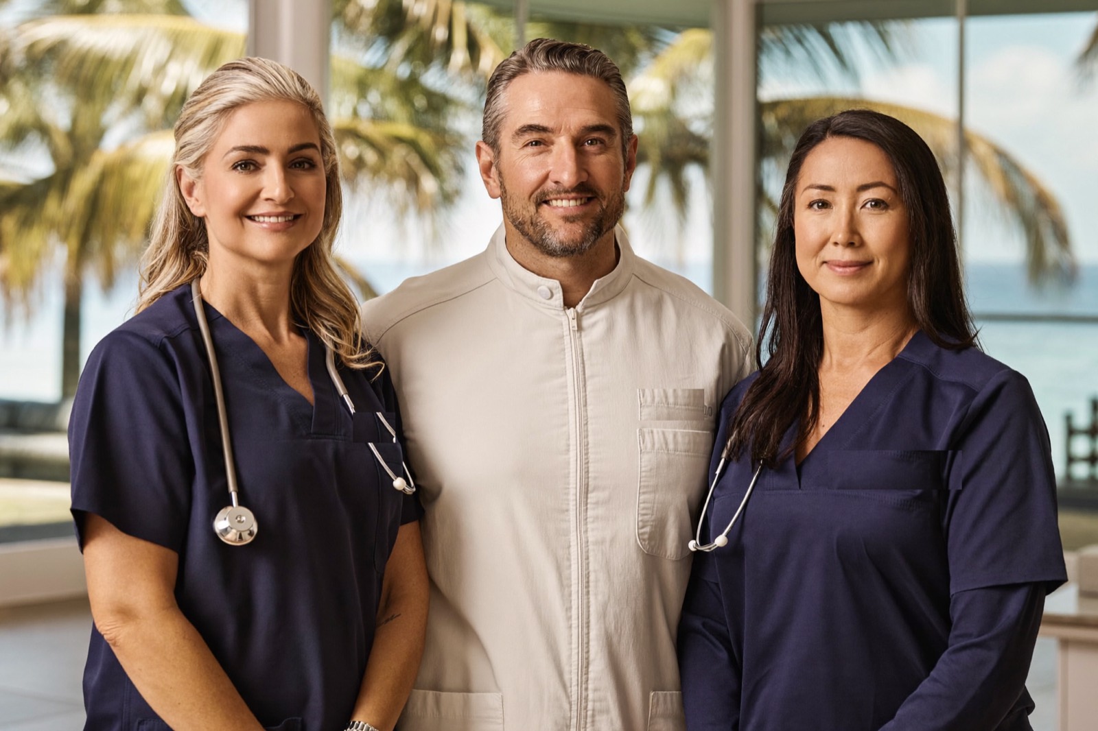 Three confident TruLife clinicians standing together in bright coastal light